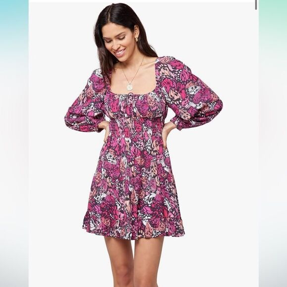 L Space Cassidy Long Sleeve Square Neck long Sleeve Mini Dress In Pink XS NWT - Picture 1 of 10